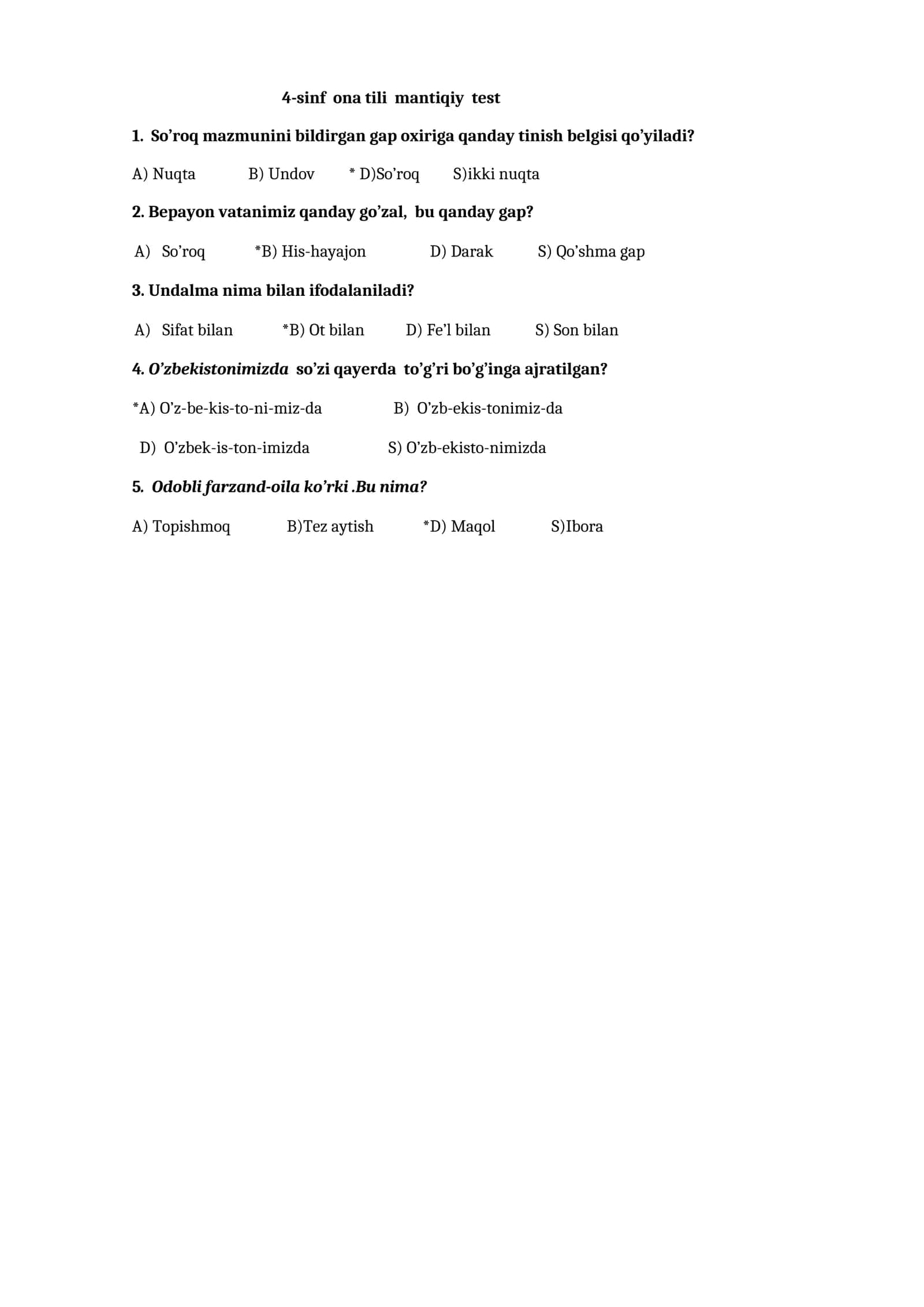 4-sinf ona tili mantiqiy test 1