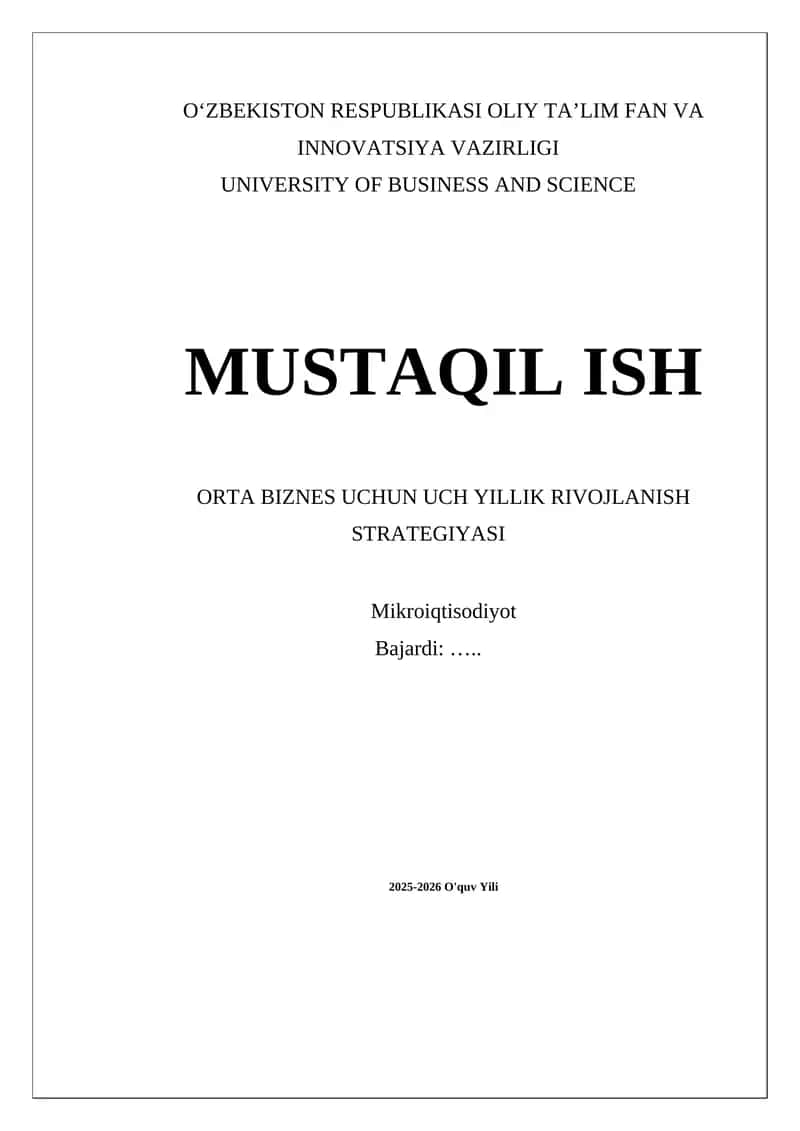 ORTA BIZNES UCHUN UCH YILLIK RIVOJLANISH STRATEGIYASI 1