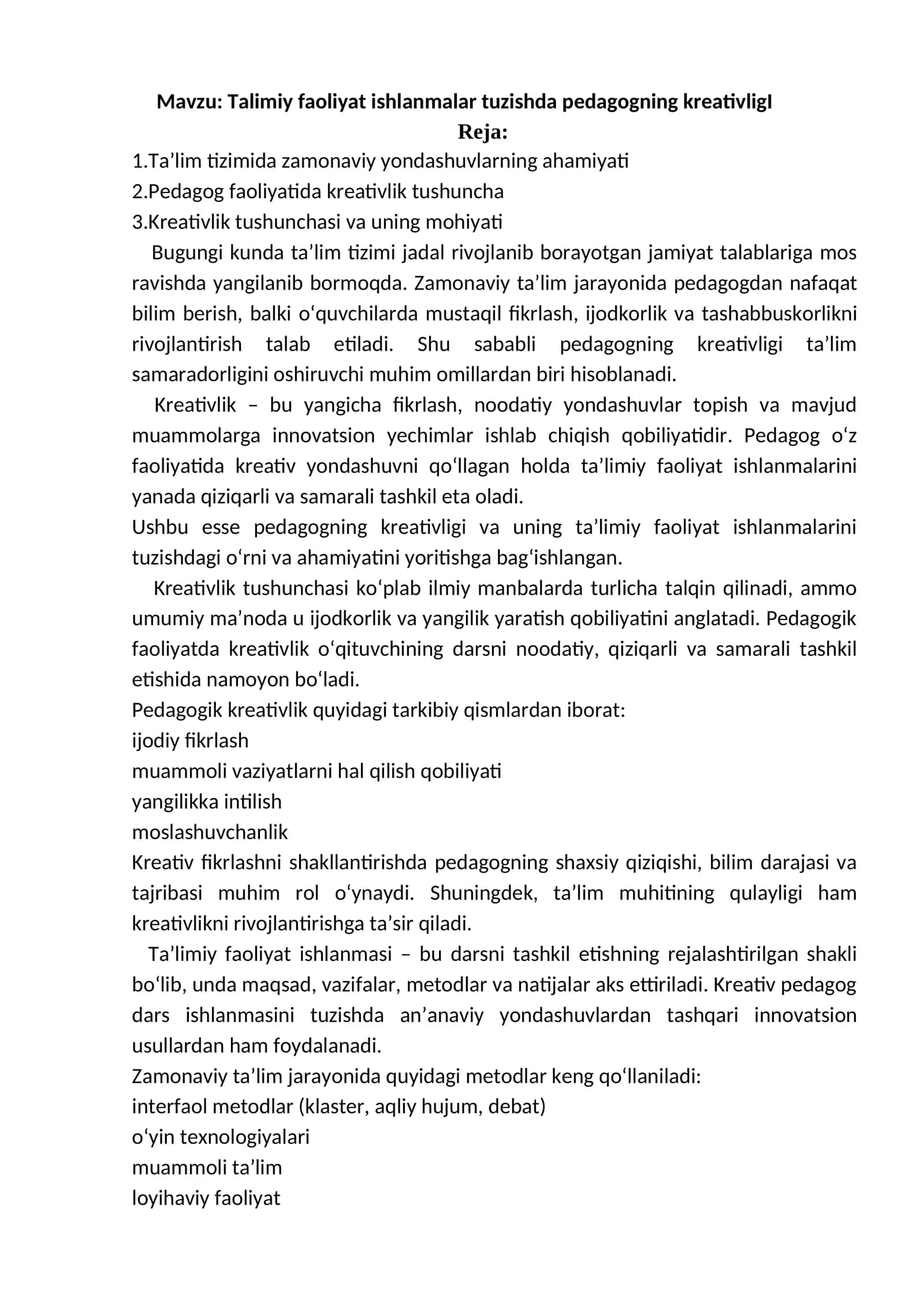 Talimiy faoliyat ishlanmalar tuzishda pedagogning kreativligI 1