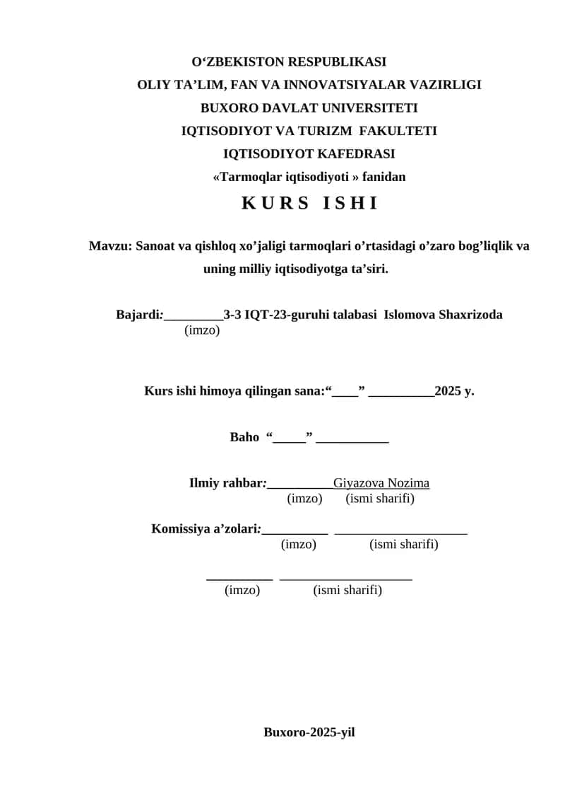 Sanoat va qishloq xo’jaligi tarmoqlari o’rtasidagi o’zaro bog’liqlik va uning milliy iqtisodiyotga ta’siri 1