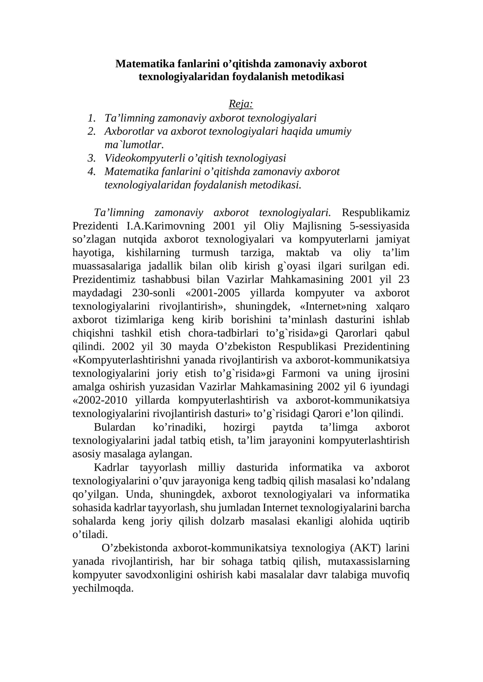 Matematika fanlarini o’qitishda zamonaviy axborot texnologiyalaridan foydalanish metodikasi 1