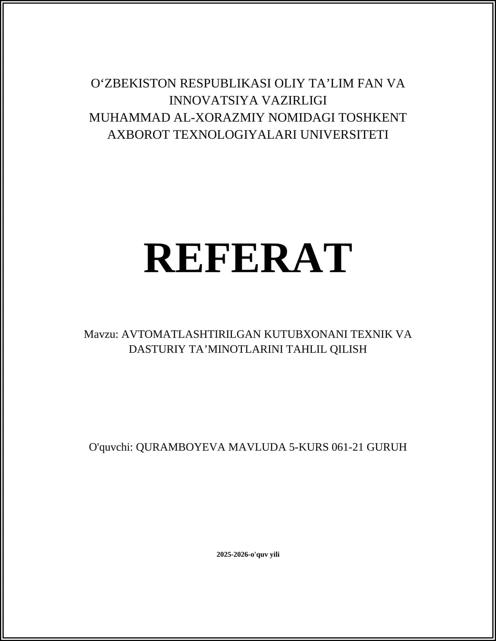 AVTOMATLASHTIRILGAN KUTUBXONANI TEXNIK VA DASTURIY TAʼMINOTLARINI TAHLIL QILISH 1