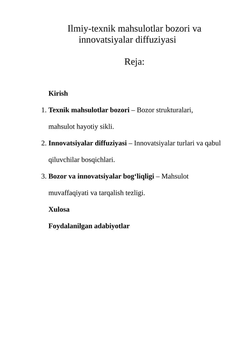 Ilmiy-texnik mahsulotlar bozori va innovatsiyalar diffuziyasi 1