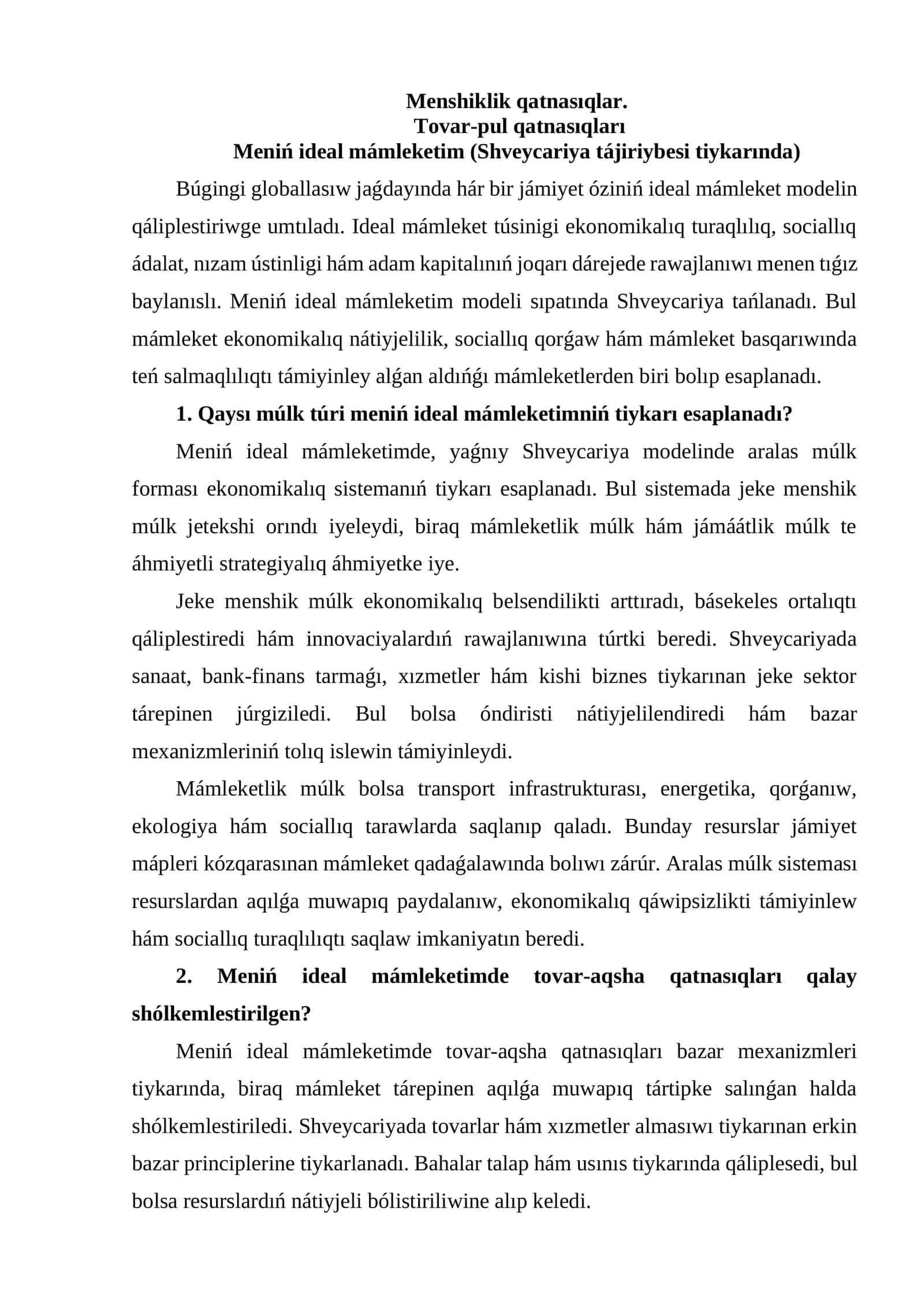 Meniń ideal mámleketim (Shveycariya tájiriybesi tiykarında) 1