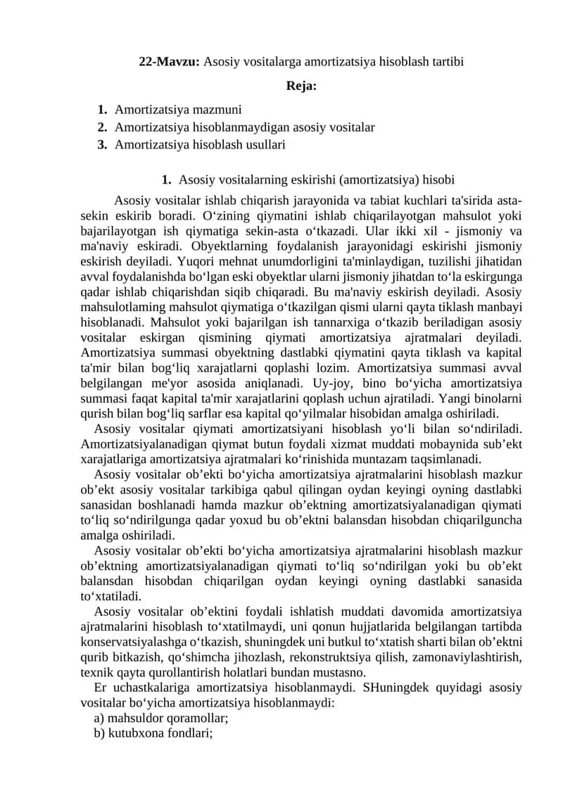 Asosiy vositalarga amortizatsiya hisoblash tartibi 1