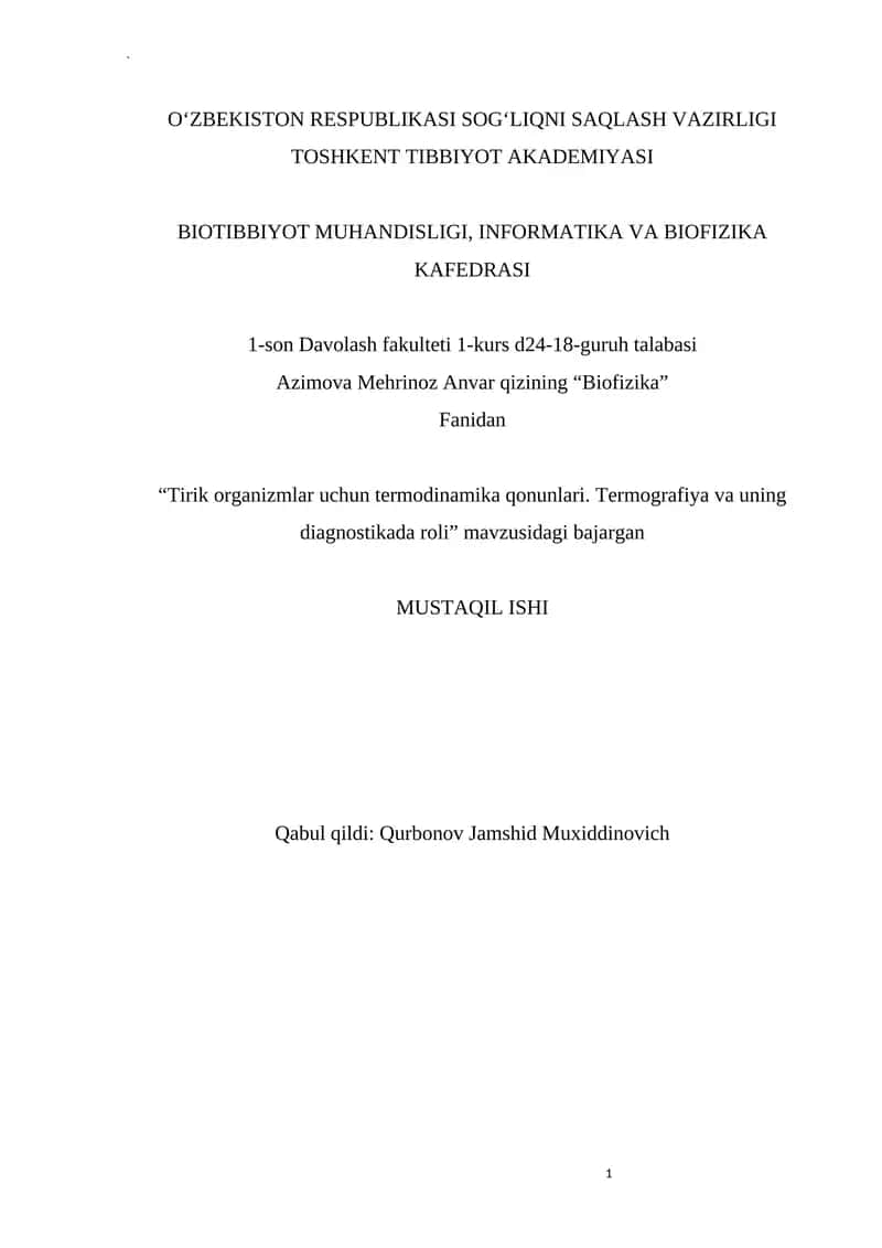 Tirik organizmlar uchun termodinamika qonunlari. Termografiya va uning diagnostikada roli 1