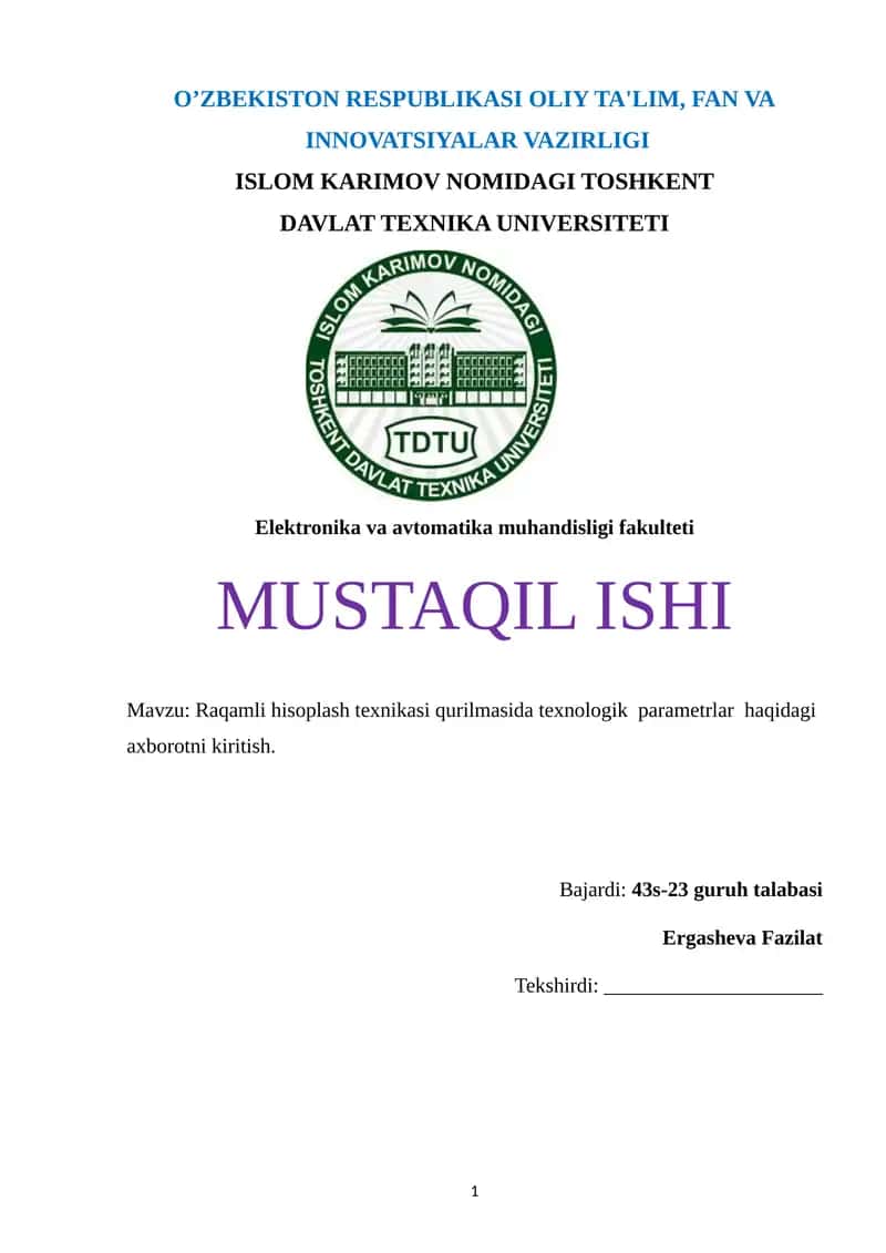 Raqamli hisoplash texnikasi qurilmasida texnologik parametrlar haqidagi axborotni kiritish 1