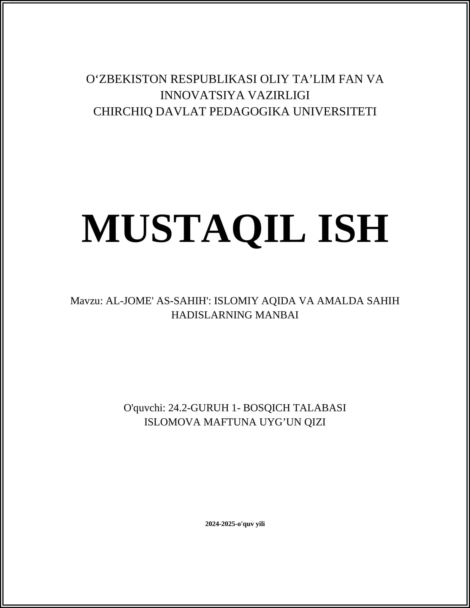 AL-JOME' AS-SAHIH': ISLOMIY AQIDA VA AMALDA SAHIH HADISLARNING MANBAI 1