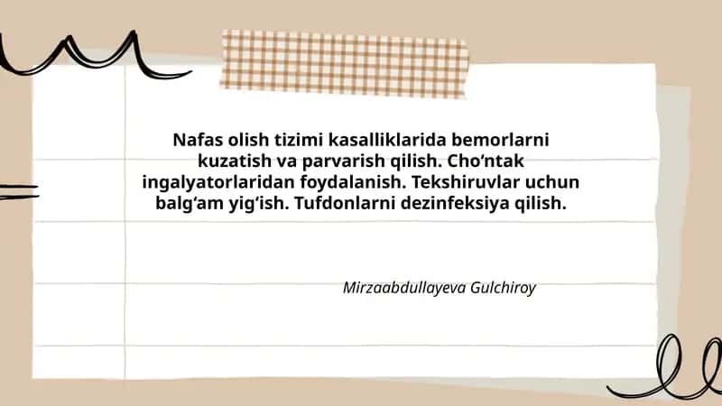 Nafas olish tizimi kasalliklarida bemorlarni kuzatish va parvarish qilish 1