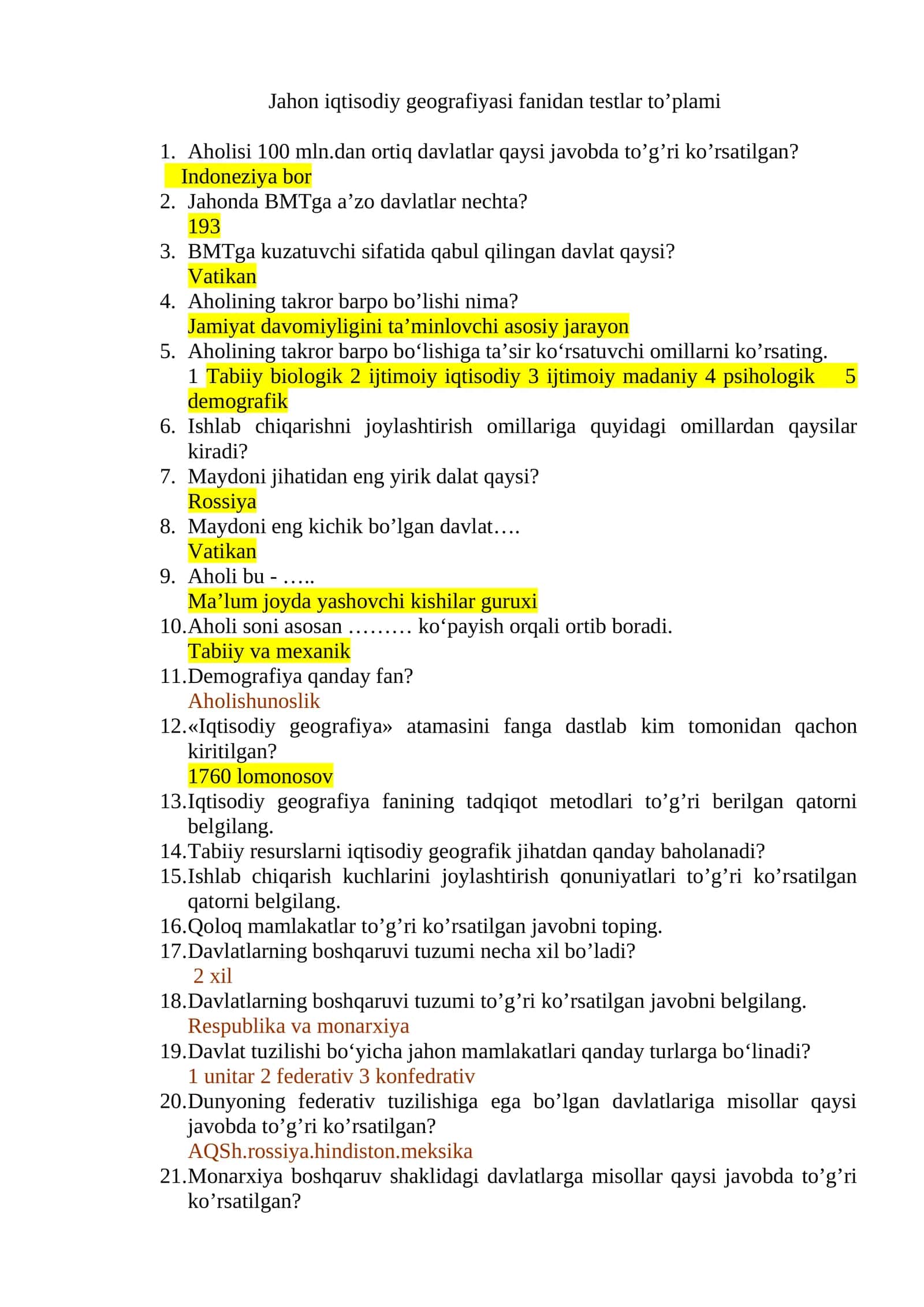 Jahon iqtisodiy geografiyasi fanidan testlar to’plami 1