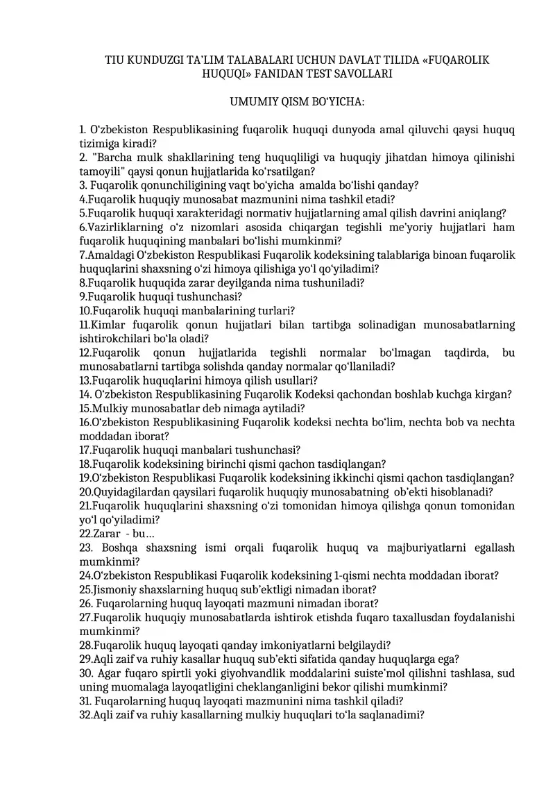 FUQAROLIK HUQUQI FANIDAN TEST SAVOLLARI 1
