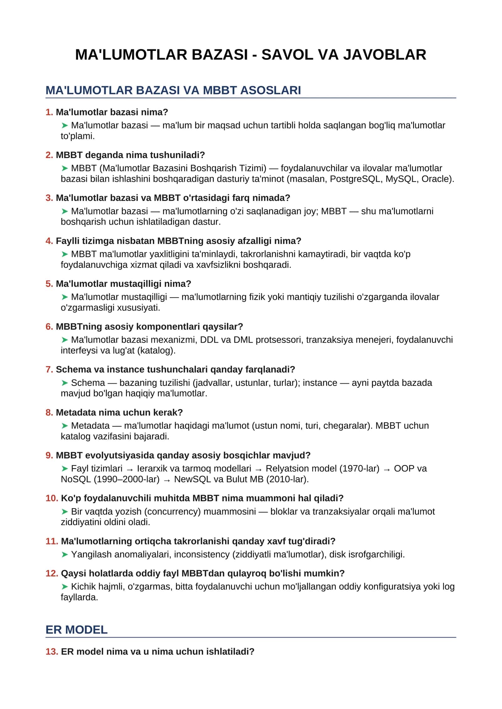 MA'LUMOTLAR BAZASI - SAVOL VA JAVOBLAR 1
