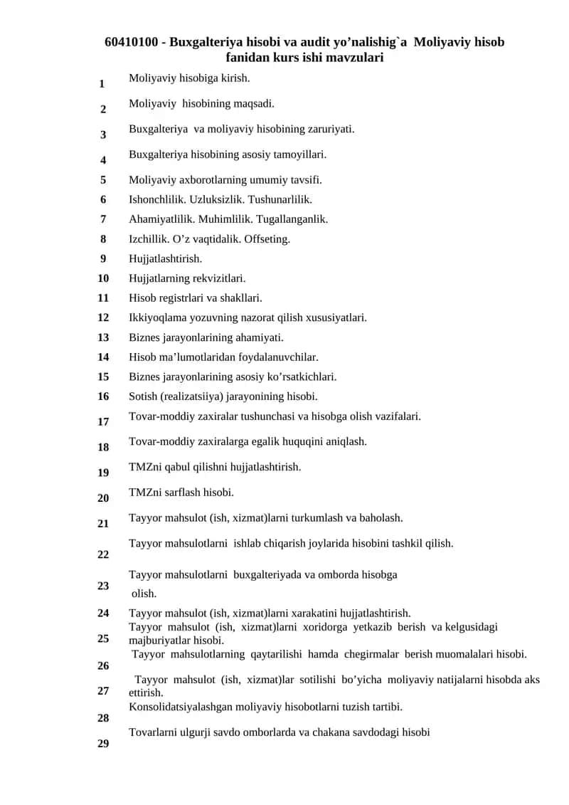 Buxgalteriya hisobi va audit yo’nalishig`a Moliyaviy hisob fanidan kurs ishi 1