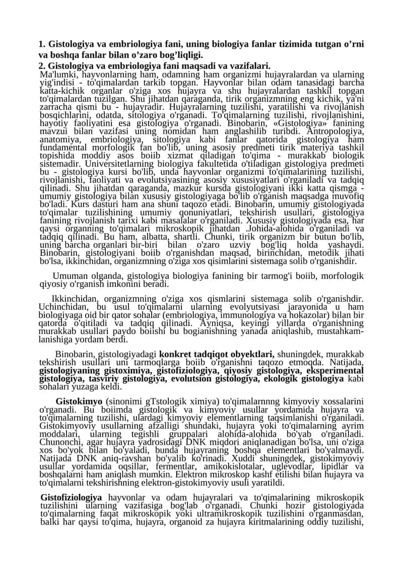 Gistologiya va embriologiya fani maqsadi va vazifalari 1