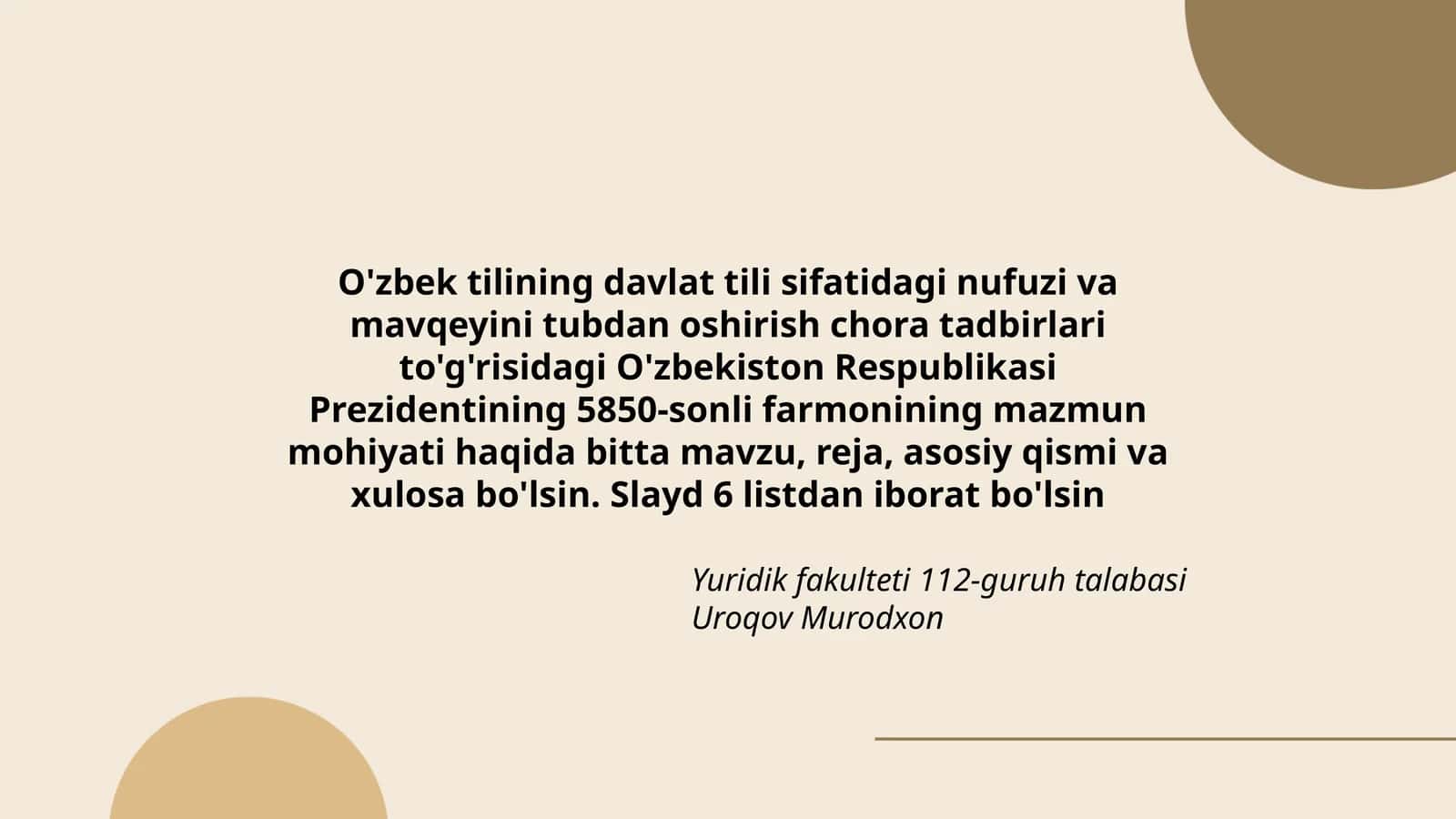 O'zbek tilining davlat tili sifatidagi nufuzi va mavqeyini tubdan oshirish chora tadbirlari 1