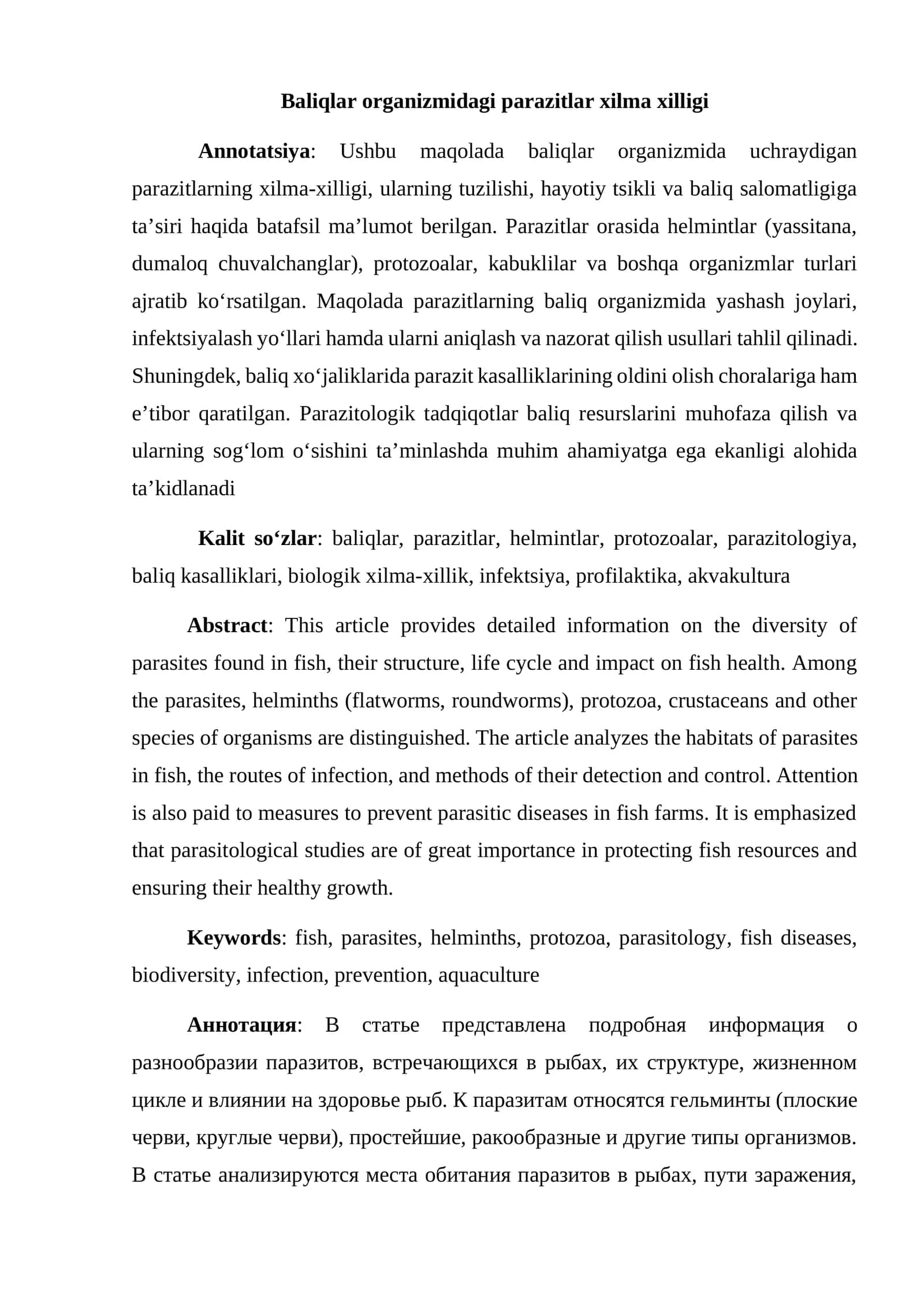 Baliqlar Organizmidagi Parazitlar Xilma-Xilligi 1