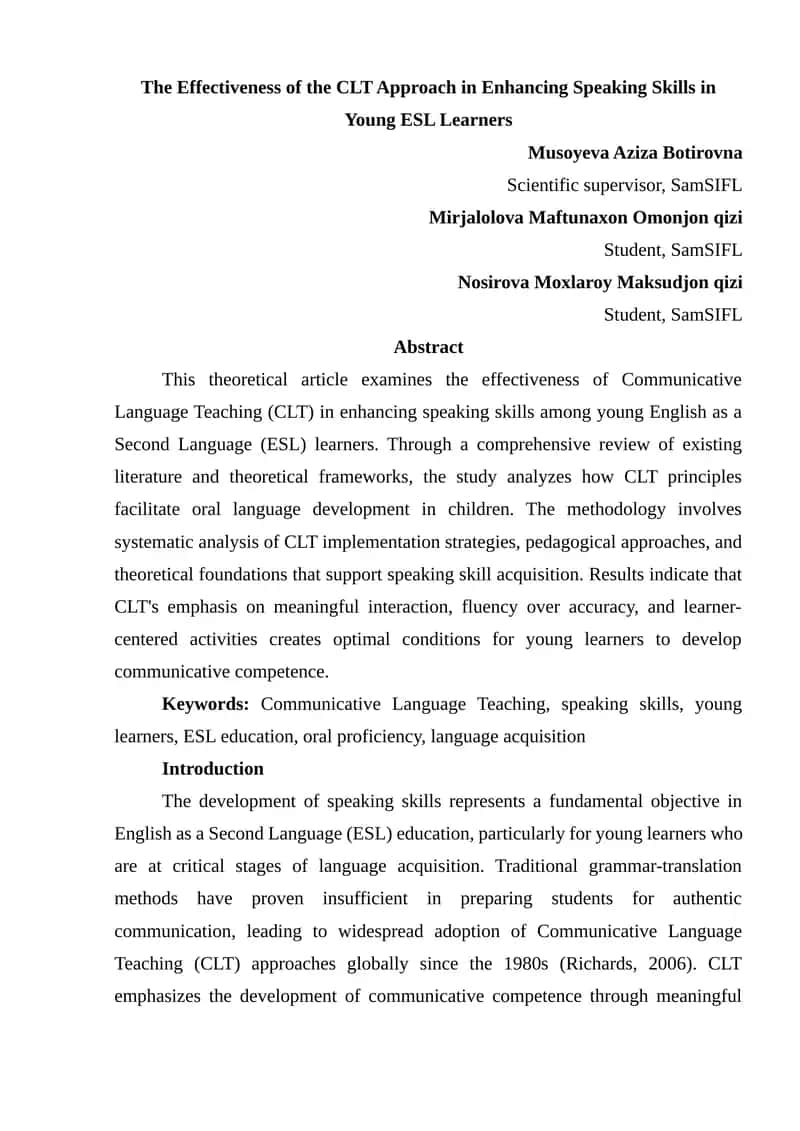 The Effectiveness of the CLT Approach in Enhancing Speaking Skills in Young ESL Learners 1