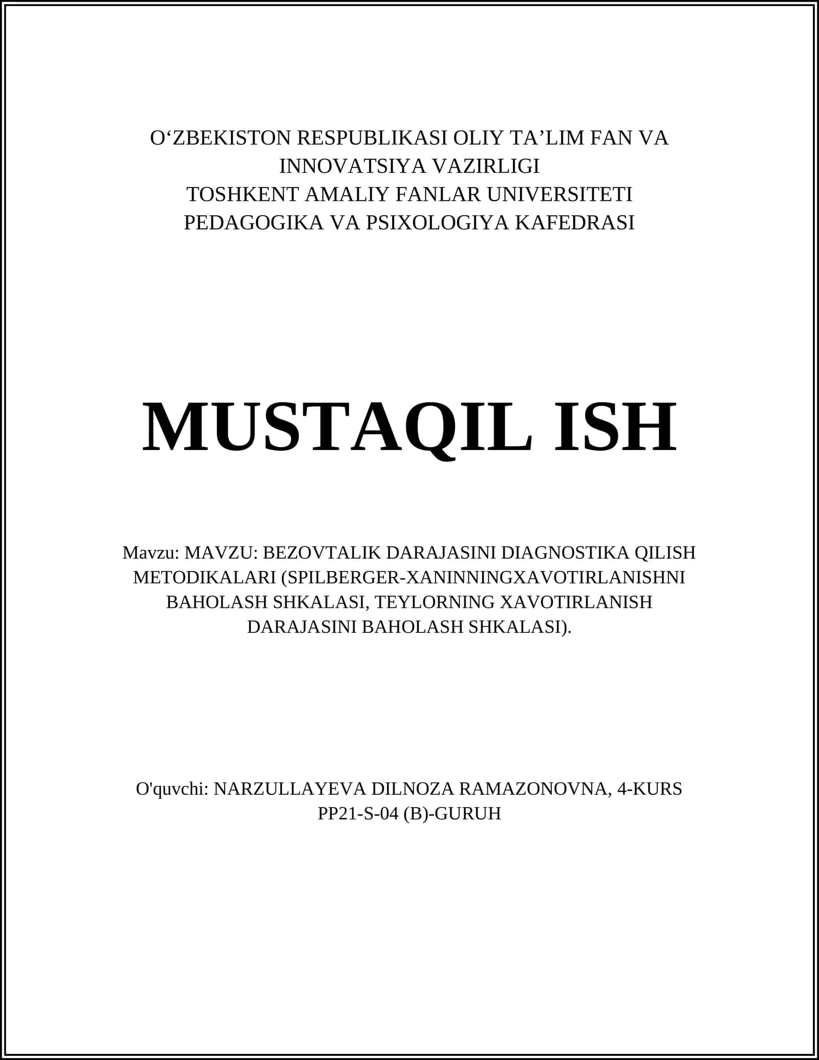 BEZOVTALIK DARAJASINI DIAGNOSTIKA QILISH METODIKALARI 1