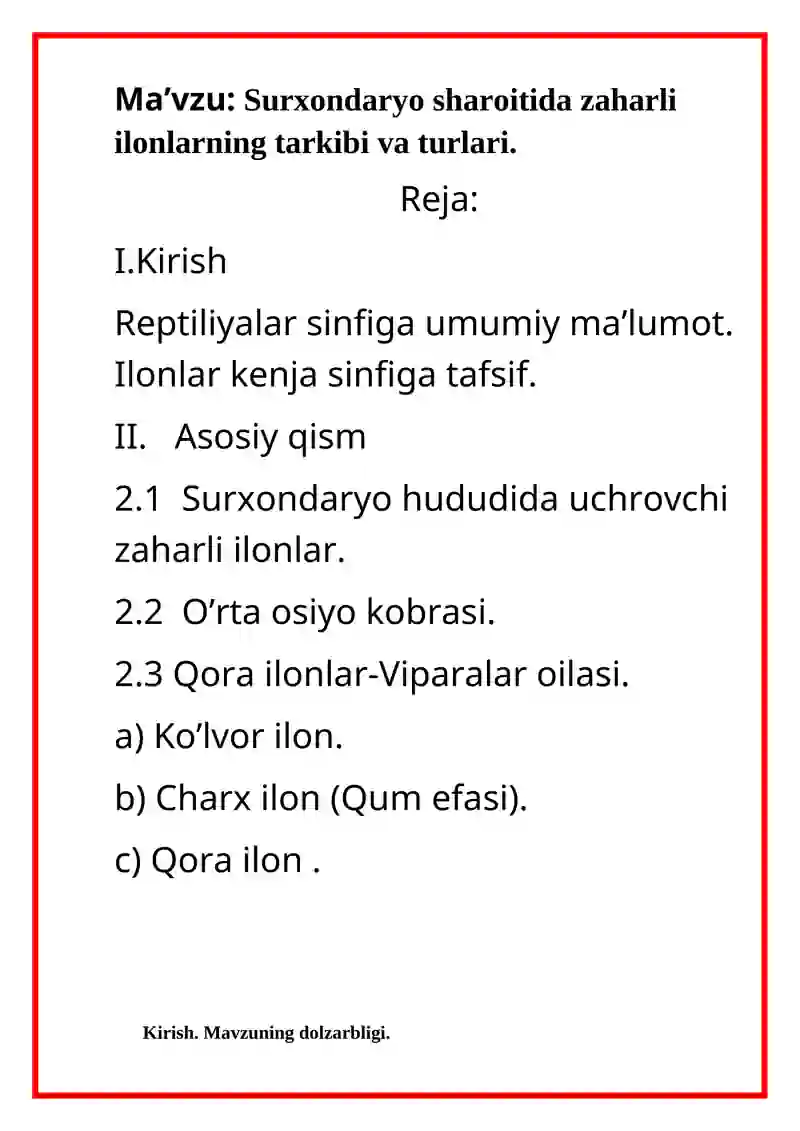 Sudralib yuruvchilar (Reptilia) sinfi kurs ishi