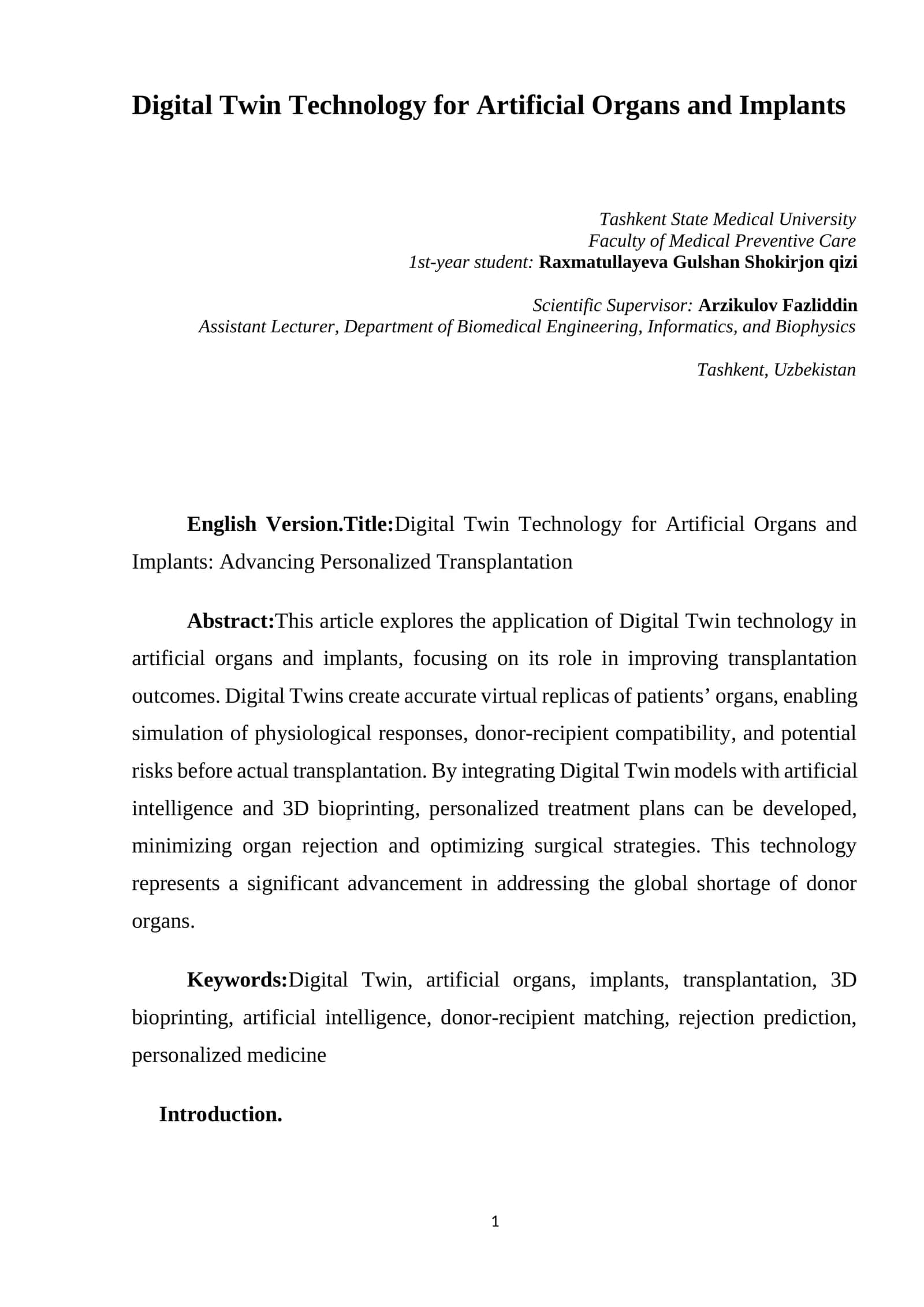 Digital Twin Technology for Artificial Organs and Implants 1
