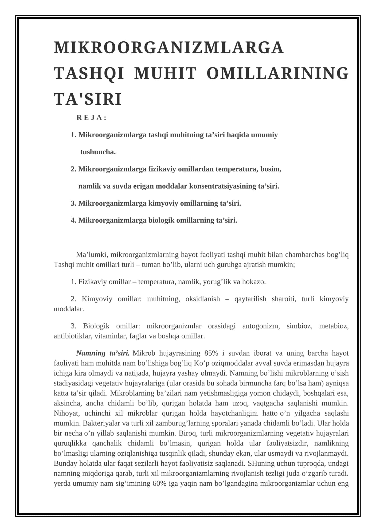 MIKROORGANIZMLARGA TASHQI MUHIT OMILLARINING TA'SIRI 1