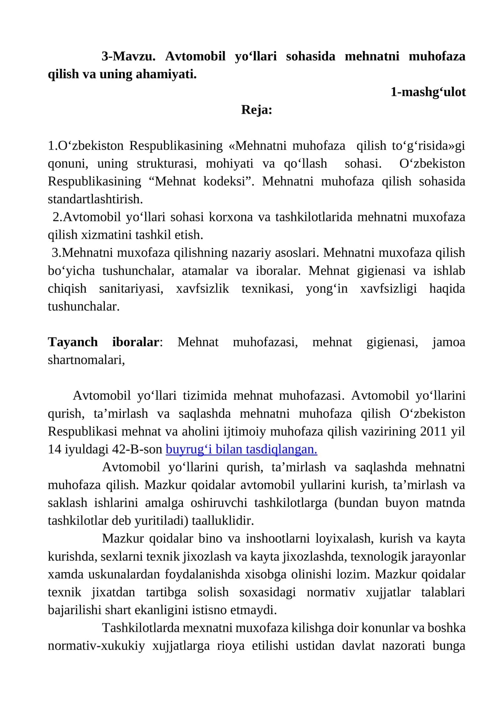 Mavzu 3. Avtomobil yo‘llari sohasida mehnatni muhofaza qilish va uning ahamiyati 1