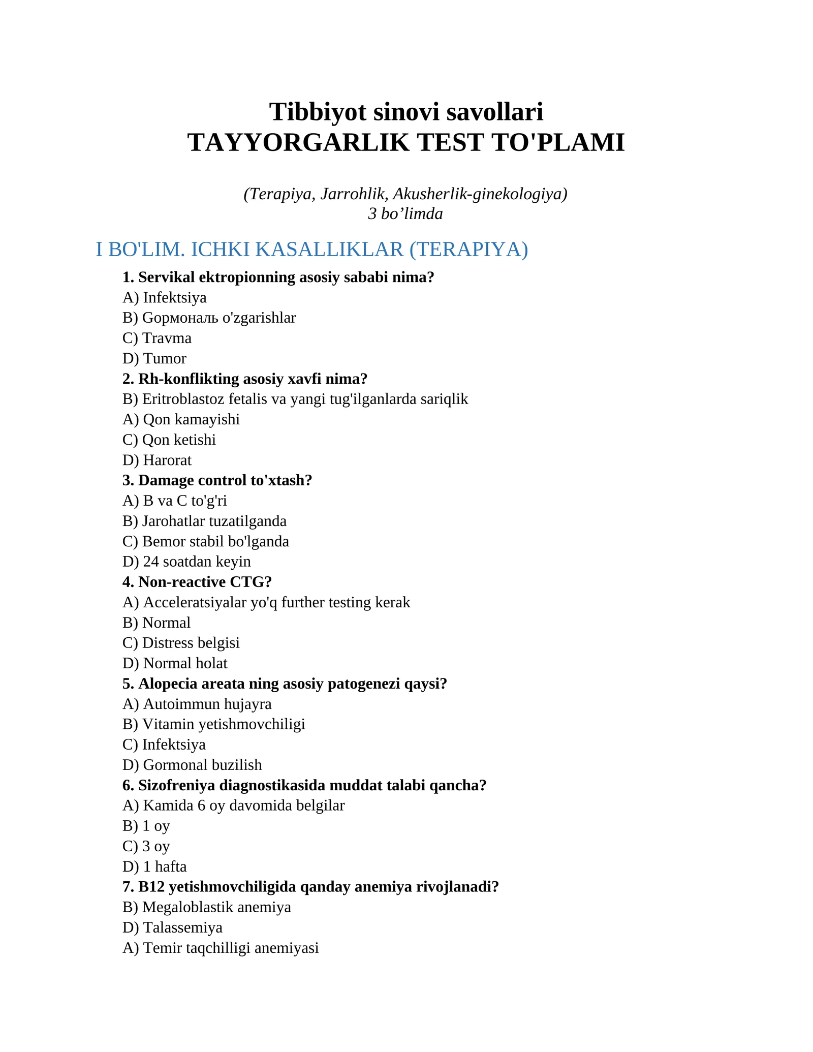 Tibbiyot sinovi savollari 1