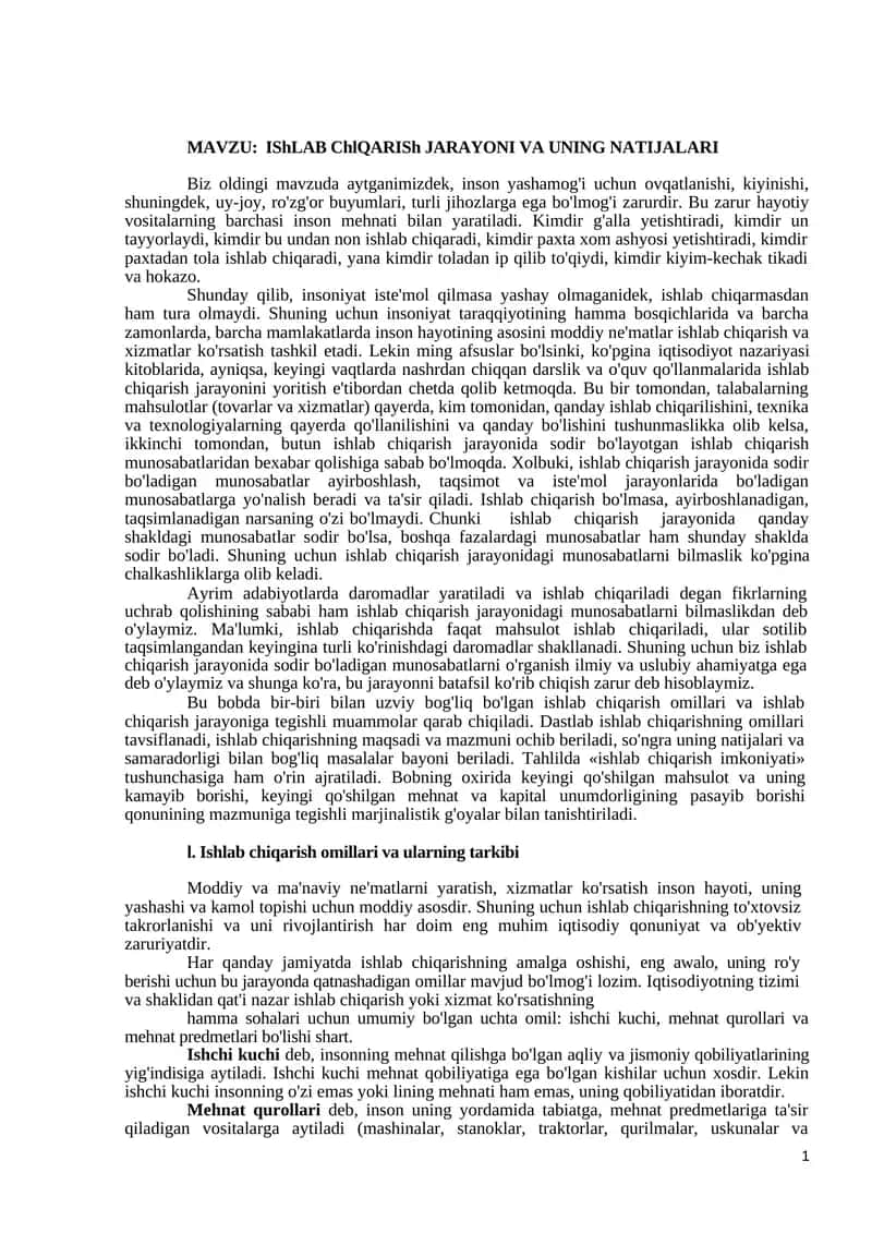 Ishlab Chiqarish Jarayoni va Uning Natijalari 1