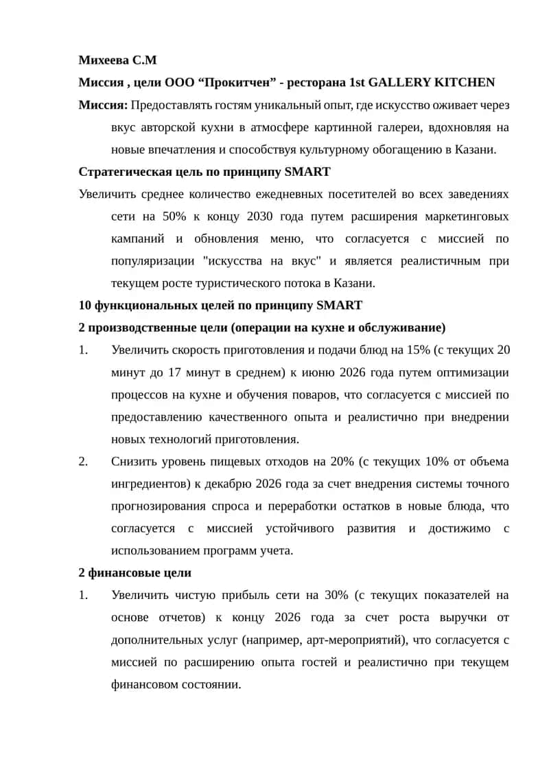 Миссия, цели ООО “Прокитчен” - ресторана 1st GALLERY KITCHEN 1