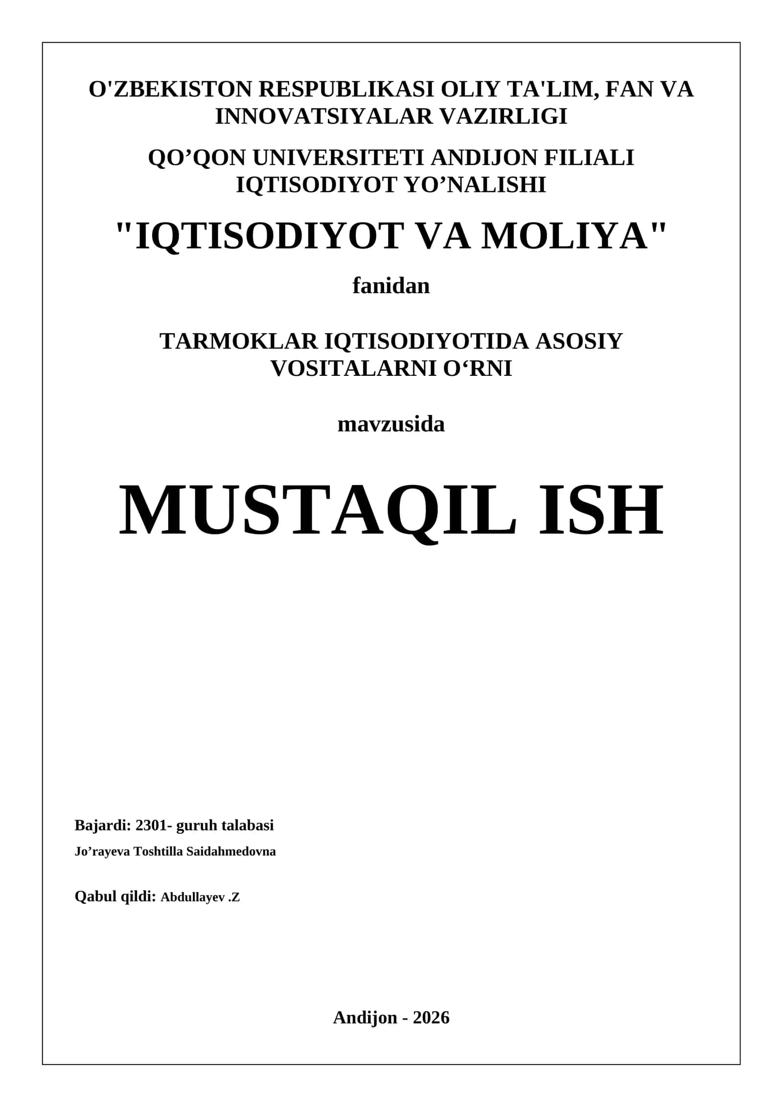 TARMOKLAR IQTISODIYOTIDA ASOSIY VOSITALARNI OʻRNI 1