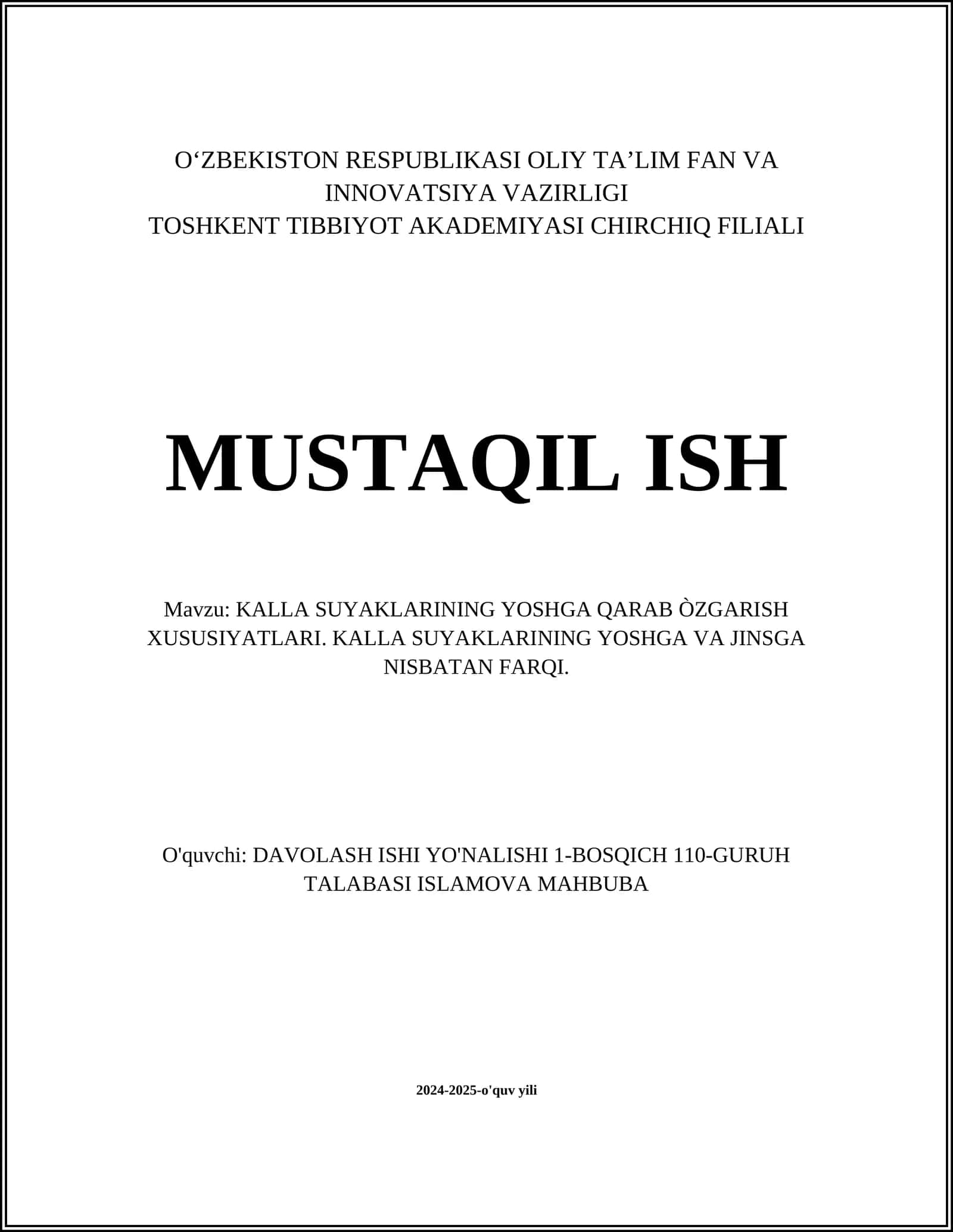 KALLA SUYAKLARINING YOSHGA QARAB ÒZGARISH XUSUSIYATLARI. KALLA SUYAKLARINING YOSHGA VA JINSGA NISBATAN FARQI 1