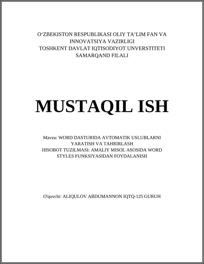 WORD DASTURIDA AVTOMATIK USLUBLARNI YARATISH VA TAHRIRLASH 1