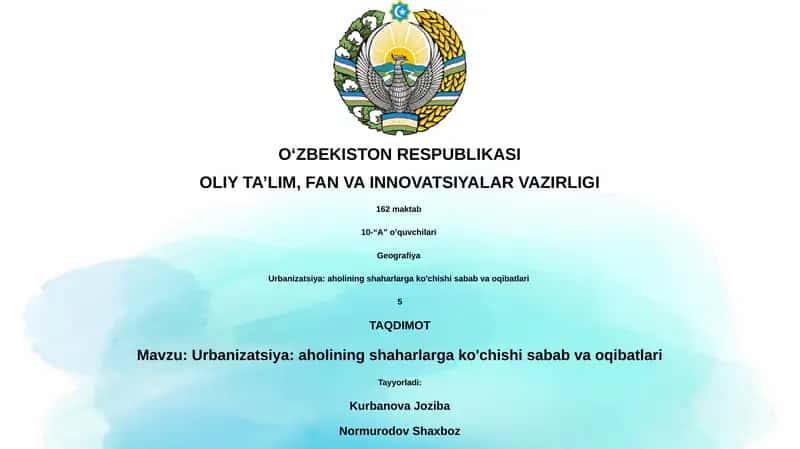 Urbanizatsiya: aholining shaharlarga ko'chishi sabab va oqibatlari 1