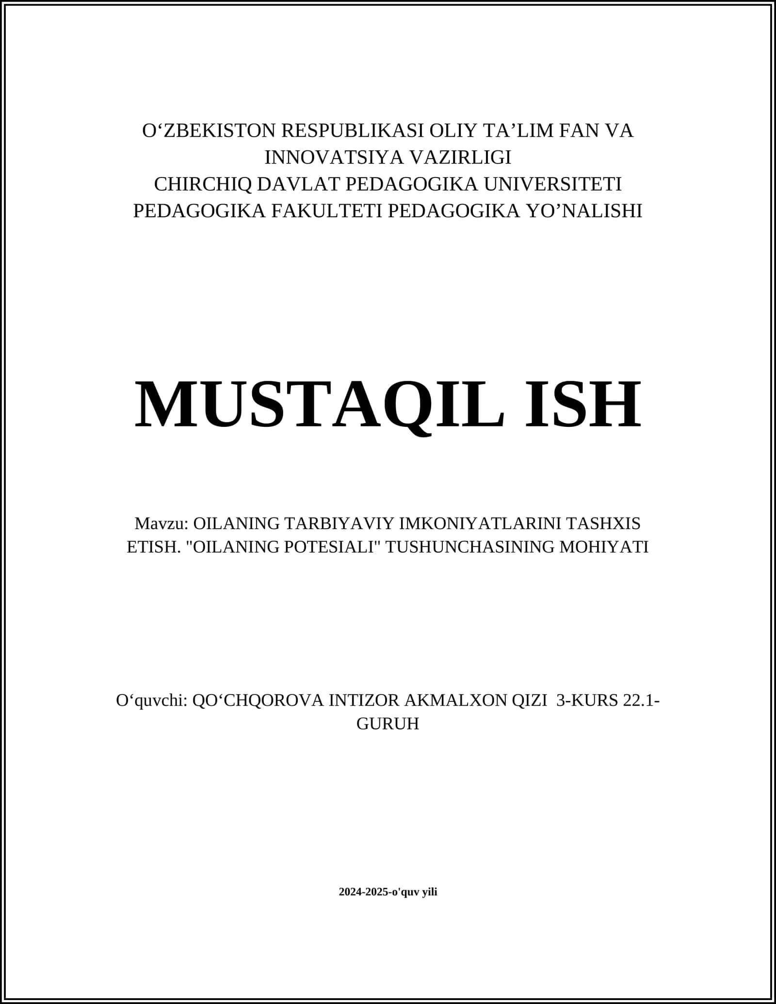 OILANING TARBIYAVIY IMKONIYATLARINI TASHXIS ETISH. "OILANING POTESIALI" TUSHUNCHASINING MOHIYATI 1