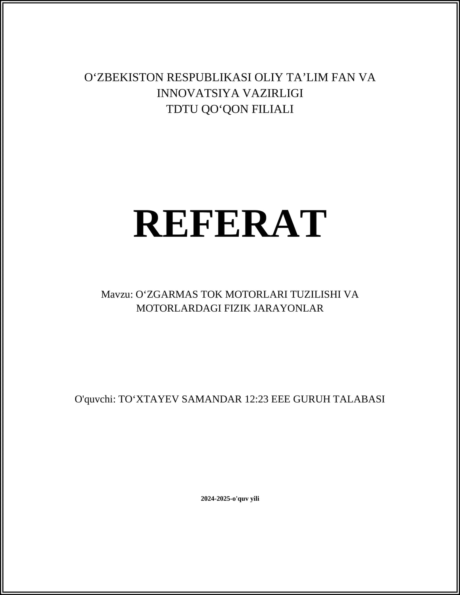 Oʻzgarmas tok motorlari - Oʻrgatish materiali 1