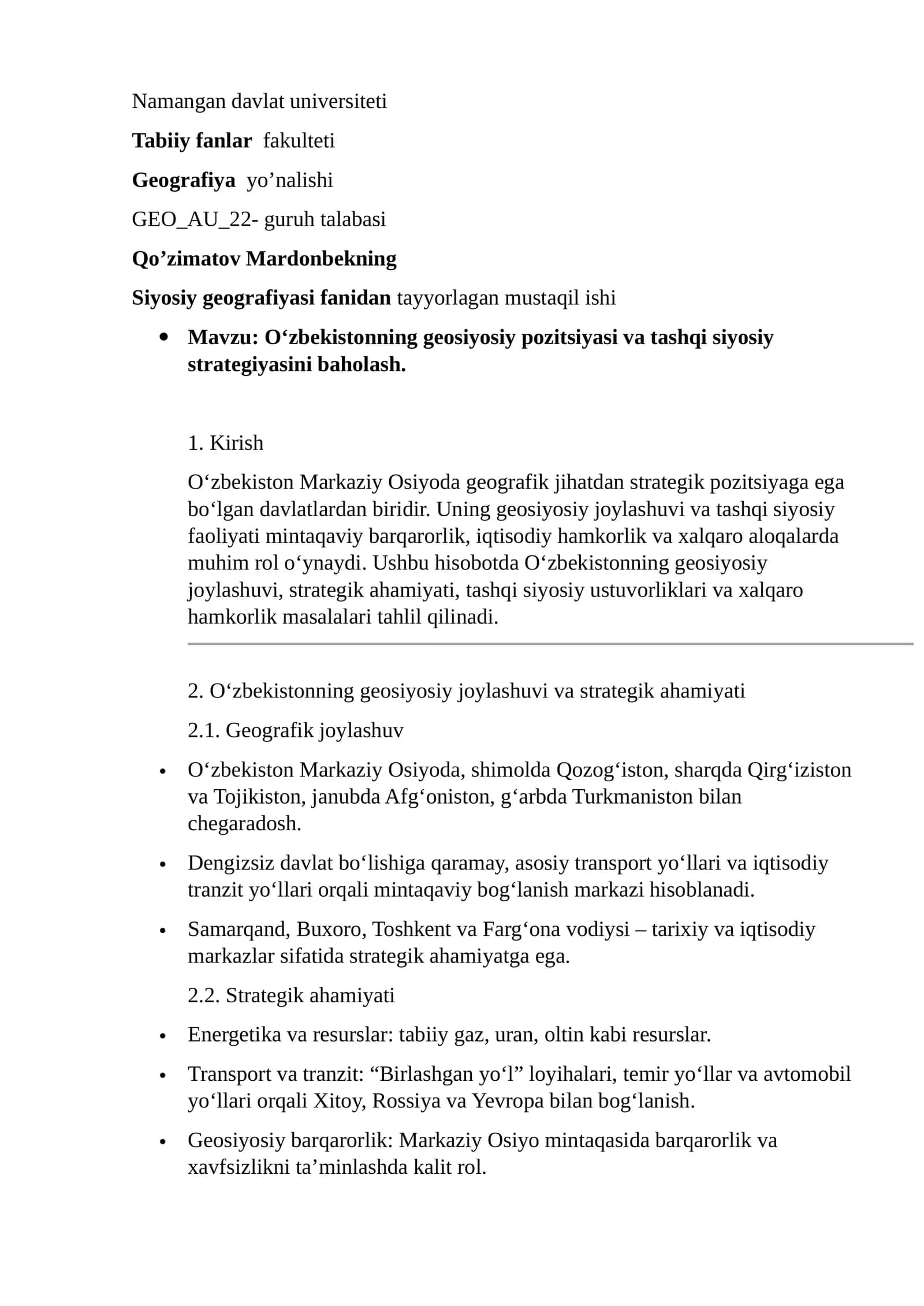 Siyosiy geografiyasi fanidan mustaqil ish 1