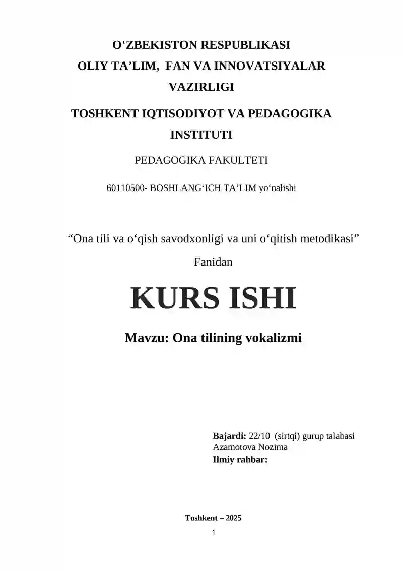 Ona tili va oʻqish savodxonligi va uni oʻqitish metodikasi