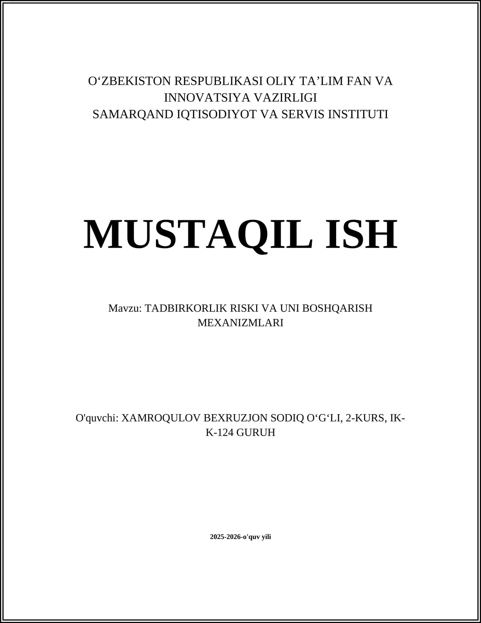 TADBIRKORLIK RISKI VA UNI BOSHQARISH MEXANIZMLARI 1