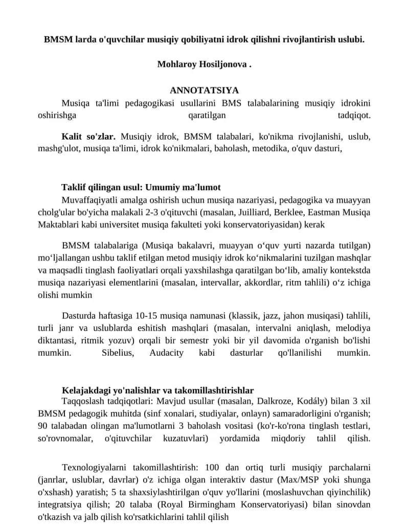 BMSM larda o'quvchilar musiqiy qobiliyatni idrok qilishni rivojlantirish uslubi 1