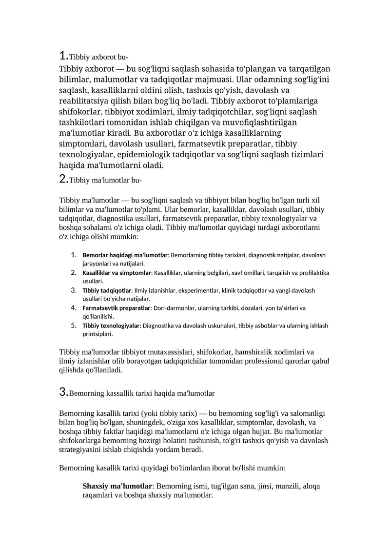 Meditsina informatikasiga oid 150 savol javoblari bilan 1