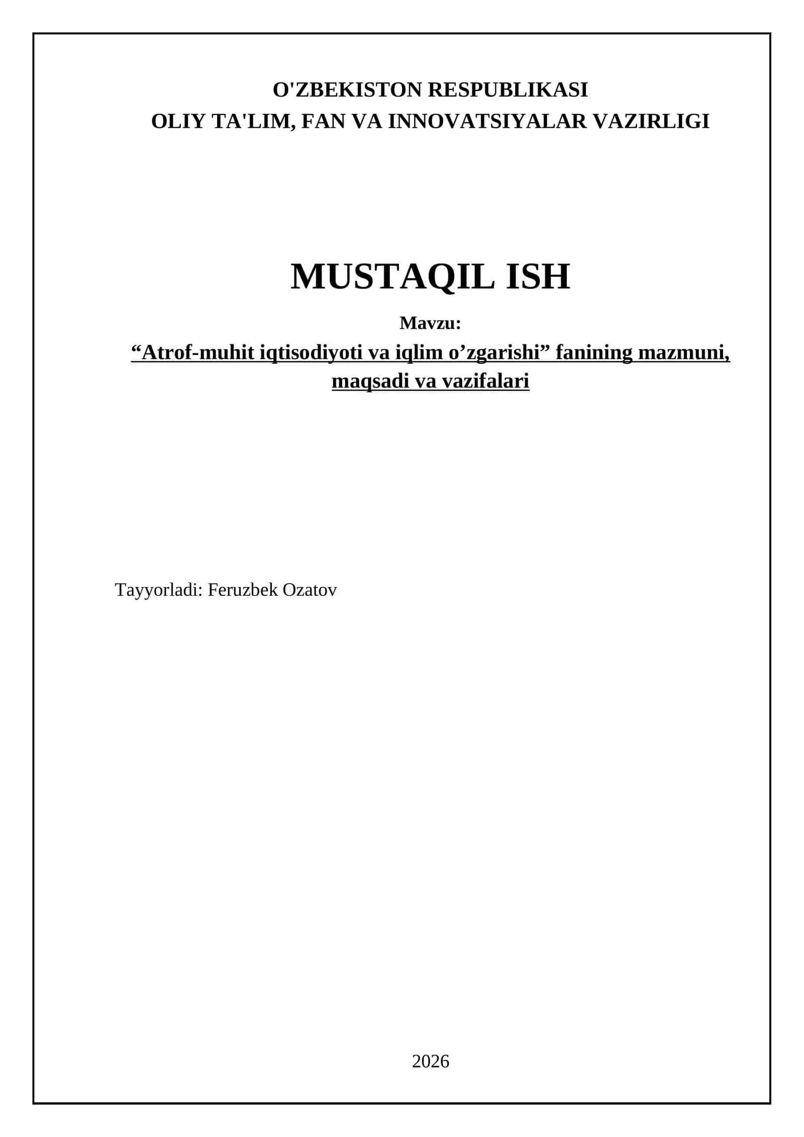 Atrof-muhit iqtisodiyoti va iqlim o’zgarishi fani 1
