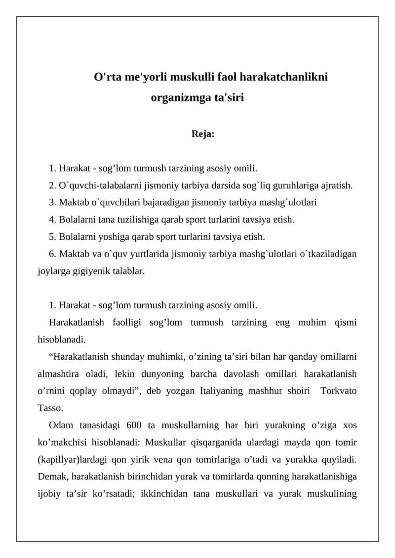 O'rta me'yorli muskulli faol harakatchanlikni organizmga ta'siri 1