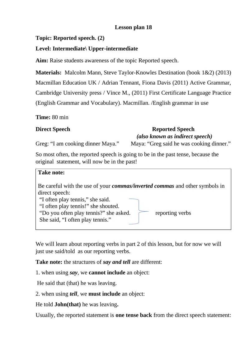 Reported speech lesson plan 1