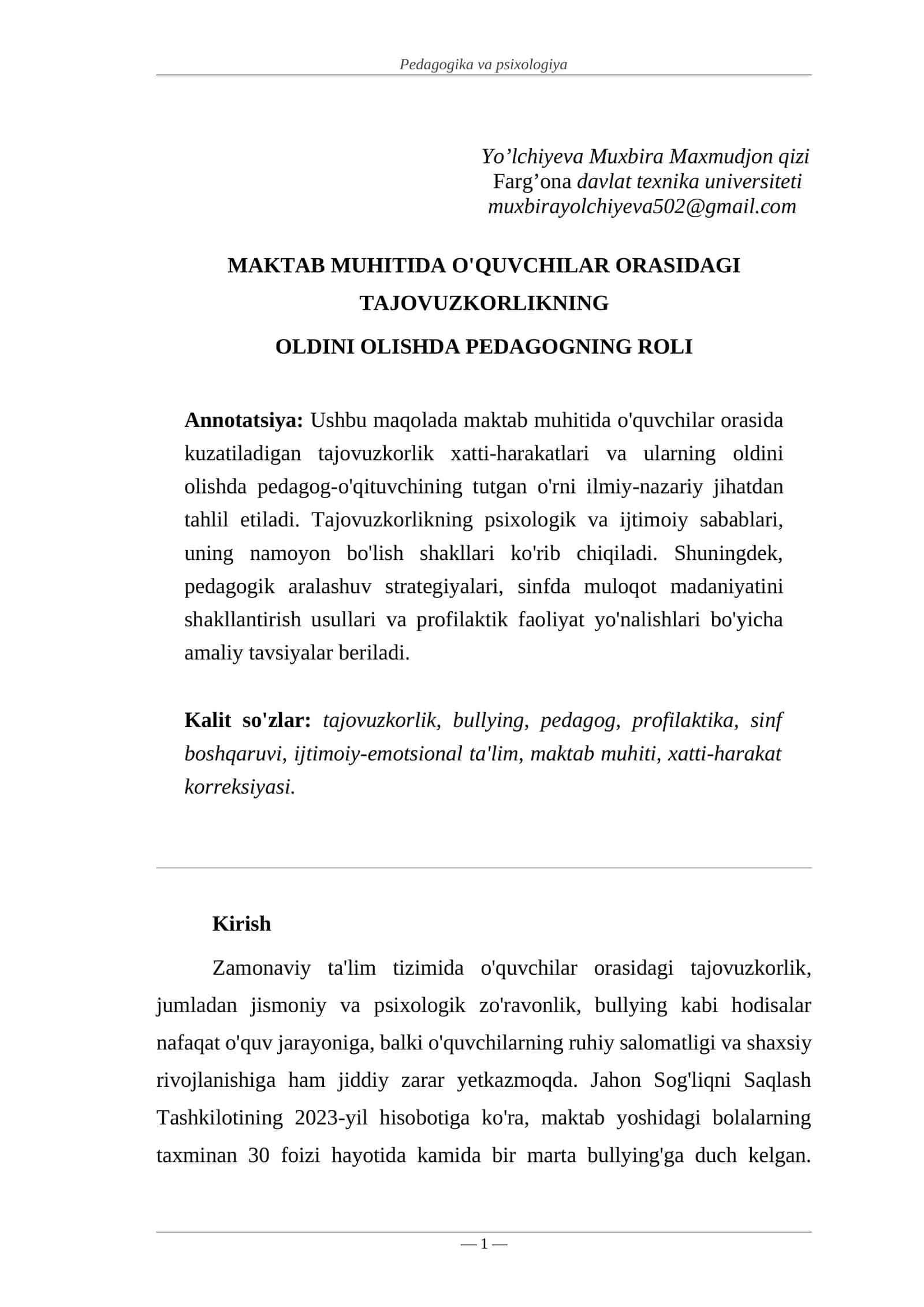 MAKTAB MUHITIDA O'QUVCHILAR ORASIDAGI TAJOVUZKORLIKNING OLDINI OLISHDA PEDAGOGNING ROLI 1