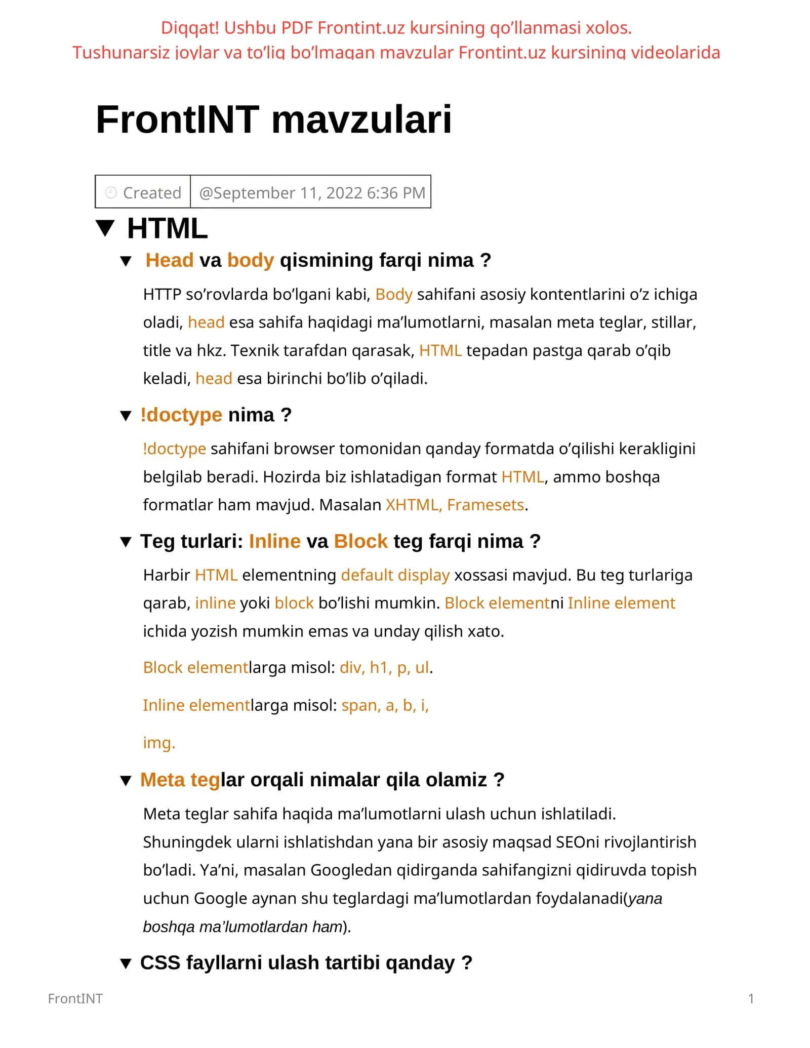 FrontINT mavzulari 1