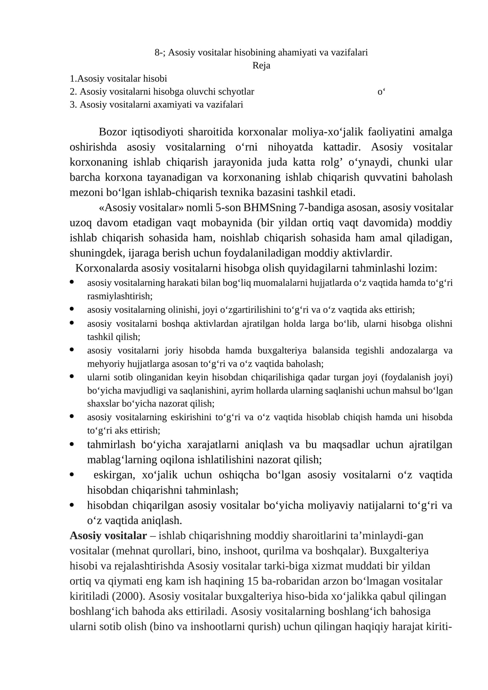 Asosiy vositalar hisobining ahamiyati va vazifalari 1