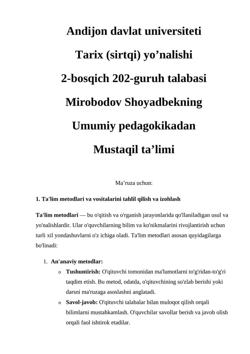 Ta'lim Metodlari va Vositalari Tahlili 1