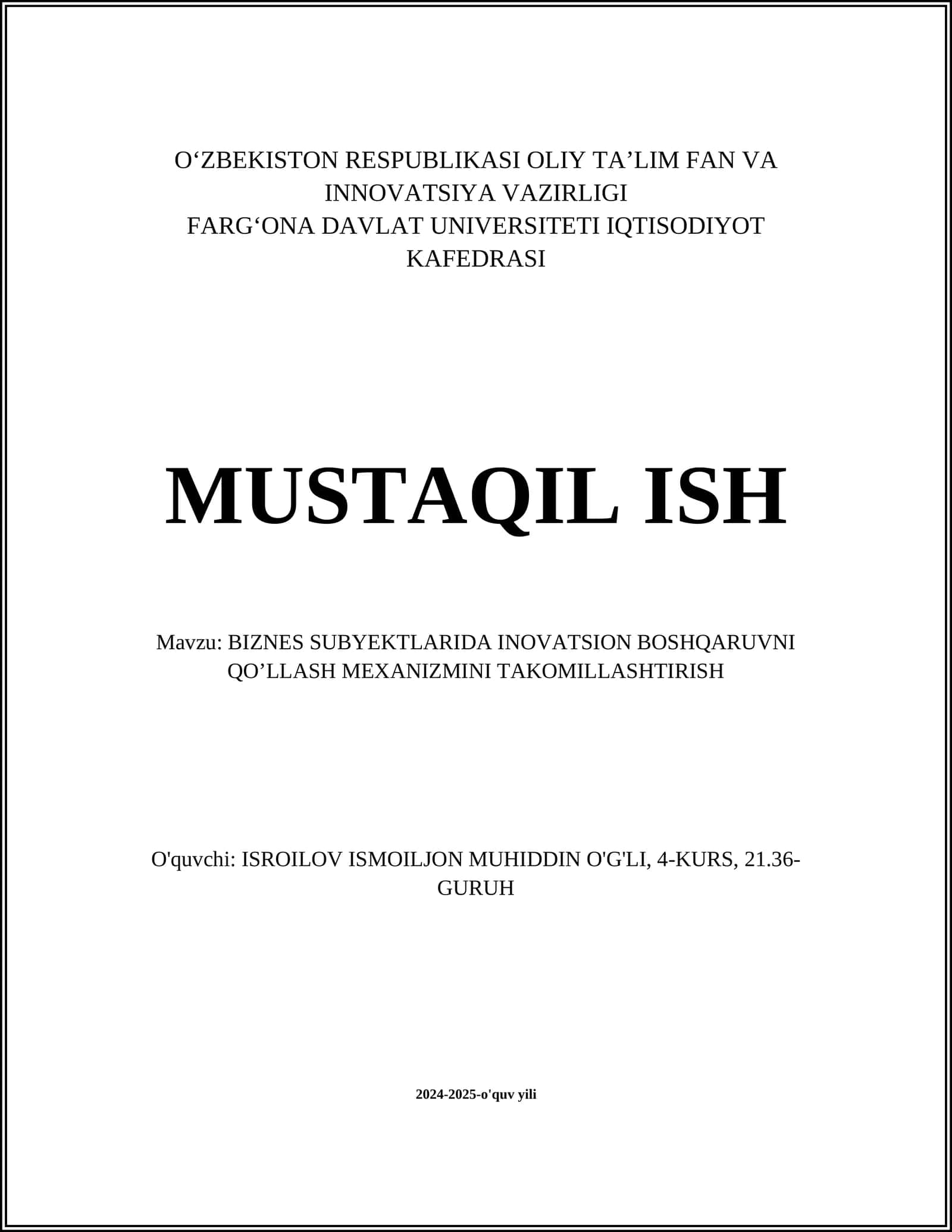 BIZNES SUBYEKTLARIDA INOVATSION BOSHQARUVNI QO’LLASH MEXANIZMINI TAKOMILLASHTIRISH 1
