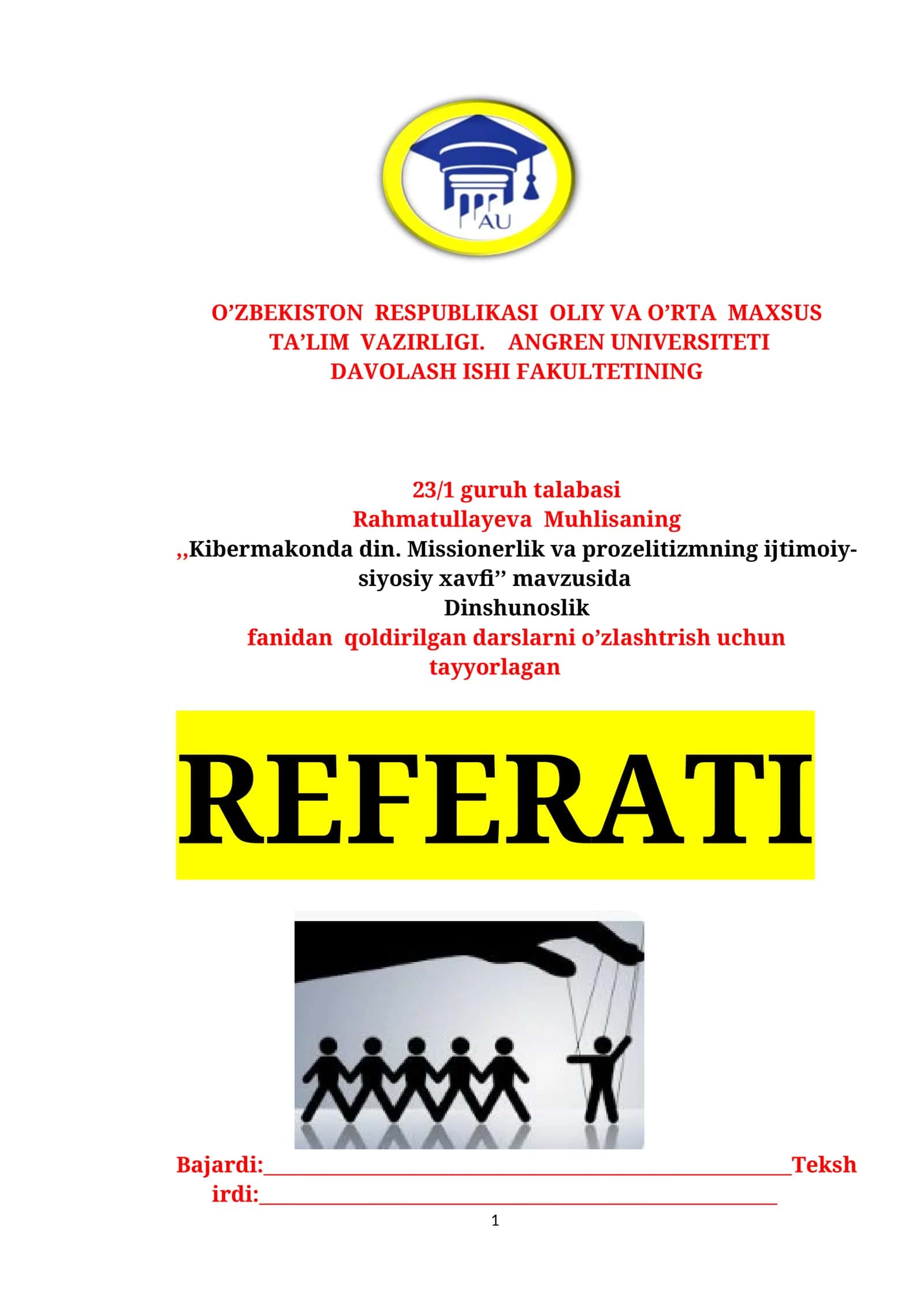 Kibermakonda din. Missionerlik va prozelitizmning ijtimoiy-siyosiy xavfi REFERATI 1