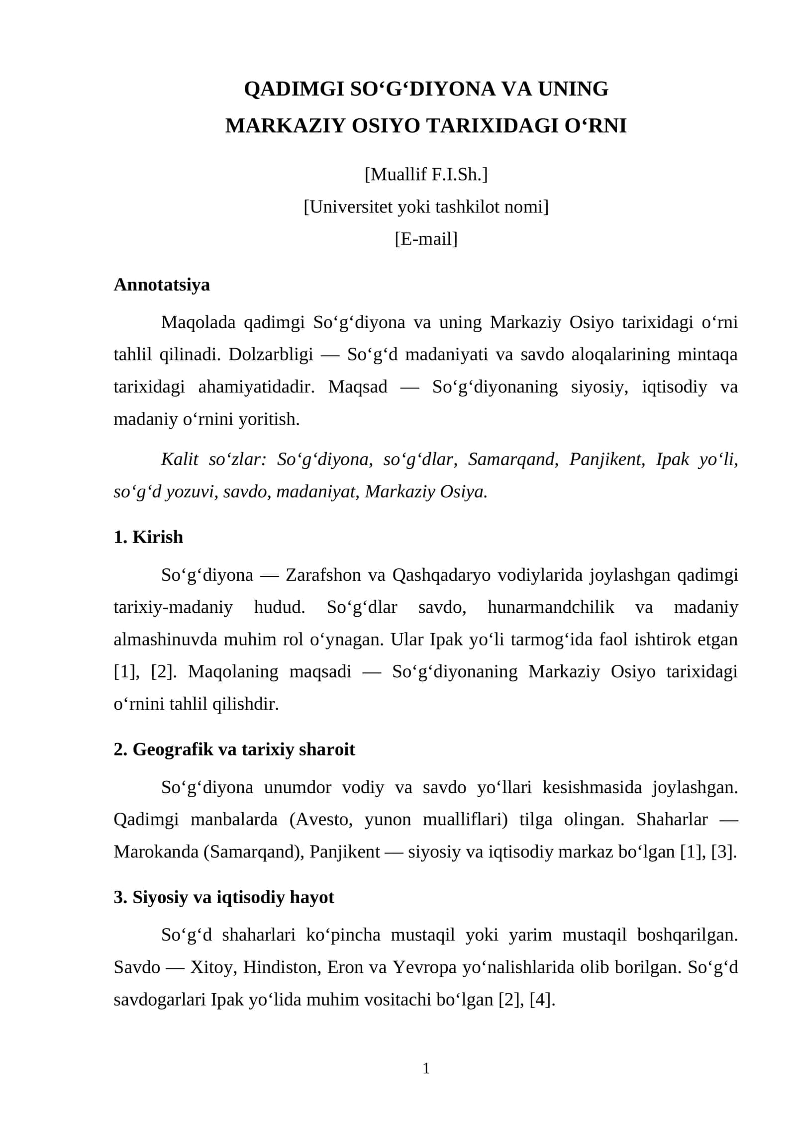 QADIMGI SO‘G‘DIYONA VA UNING MARKAZIY OSIYO TARIXIDAGI O‘RNI 1